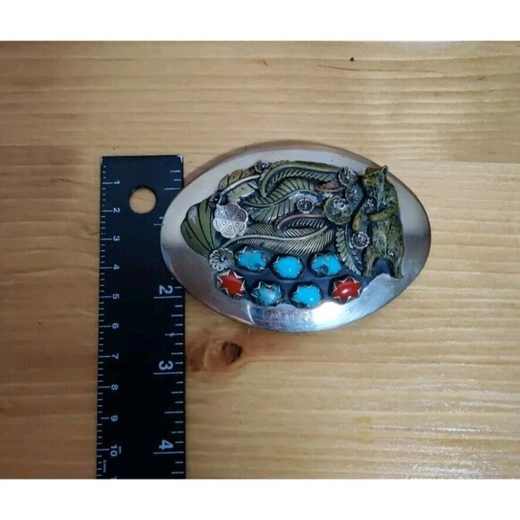 VINTAGE NAVAJO HANDMADE CORAL TURQUOISE Bear Feather SILVER BELT BUCKLE - Picture 7 of 7